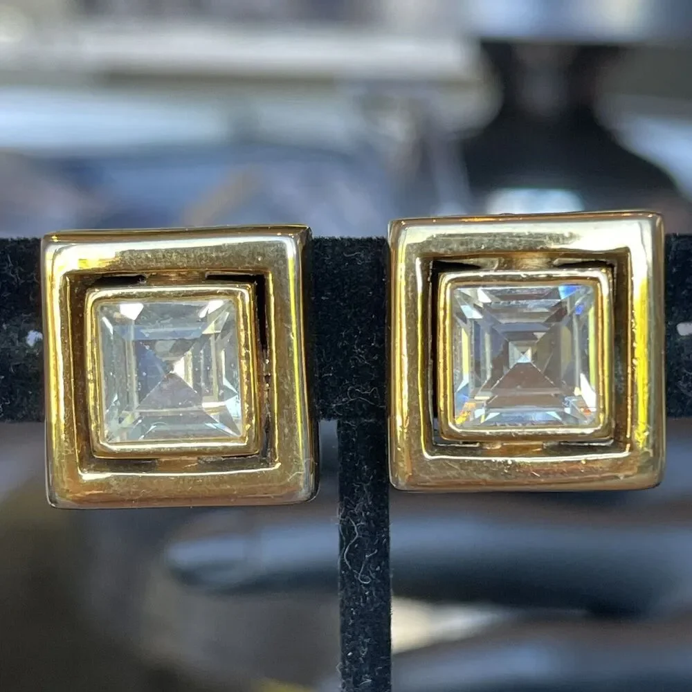 PIERRE CARDIN Square CZ Crystal Earrings Gold Tone ClipOn Heavy Chunky Statement